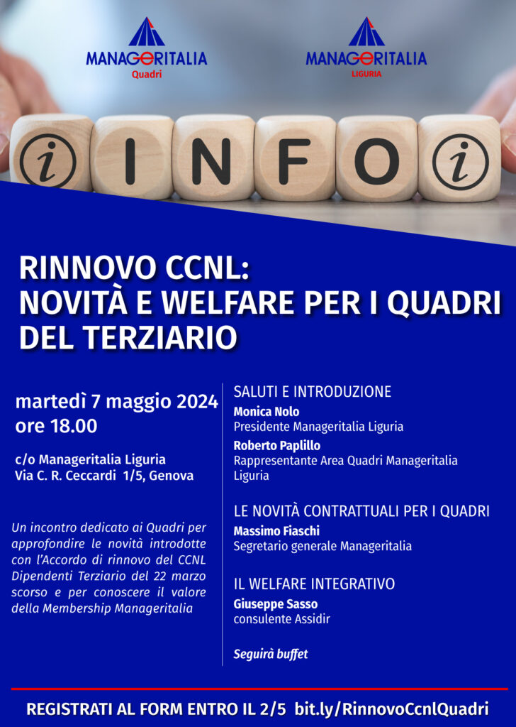 Locandina Manageritalia Liguria - evento ccnl Quadri terziario 7 maggio 2024
