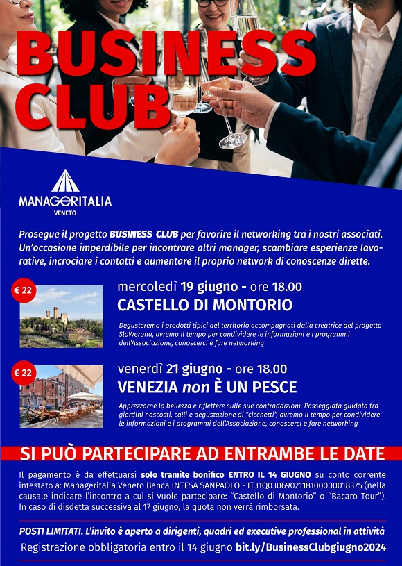 Locandina Business Club Manageritalia Veneto 19 e 21 giugno 2024