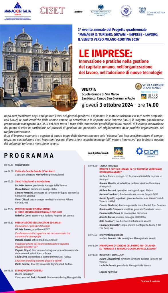 Il 3 ottobre, terzo evento del progetto quadriennale: Manager & Turismo: Giovani, Imprese, Lavoro. Il Veneto verso Milano Cortina 2026.