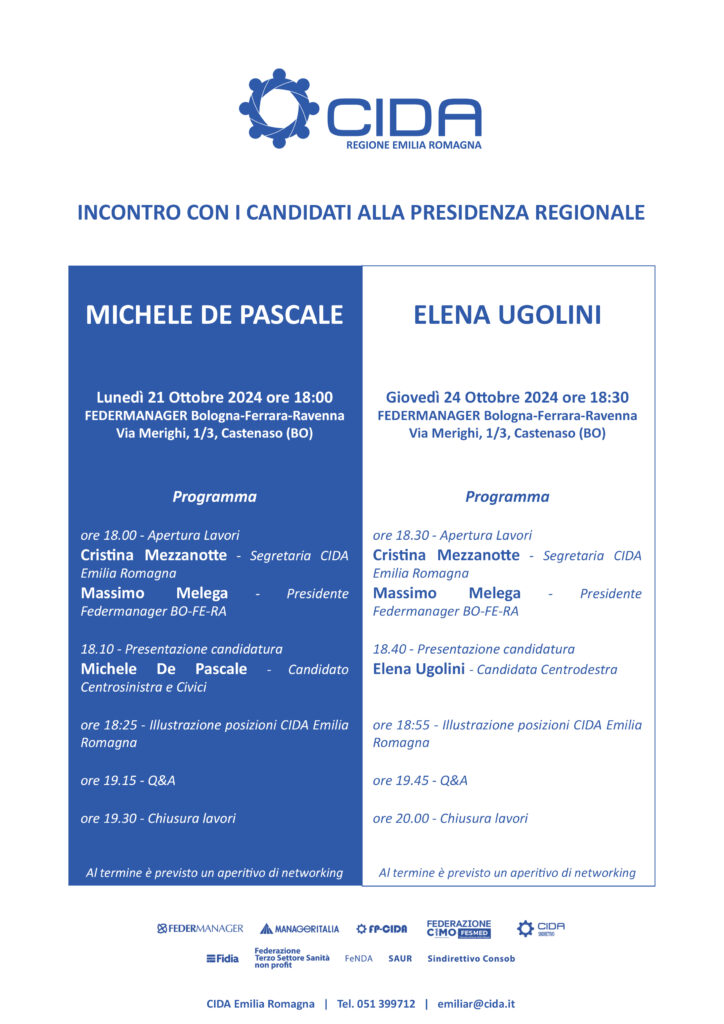 Locandina incontri candidati presidenza regione Emilia Romagna ottobre 2024